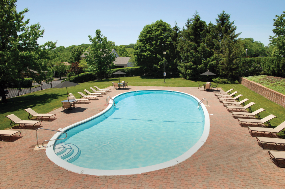Outdoor swimming pool surrounded by lounge chairs, trees, and green lawn on a sunny day.